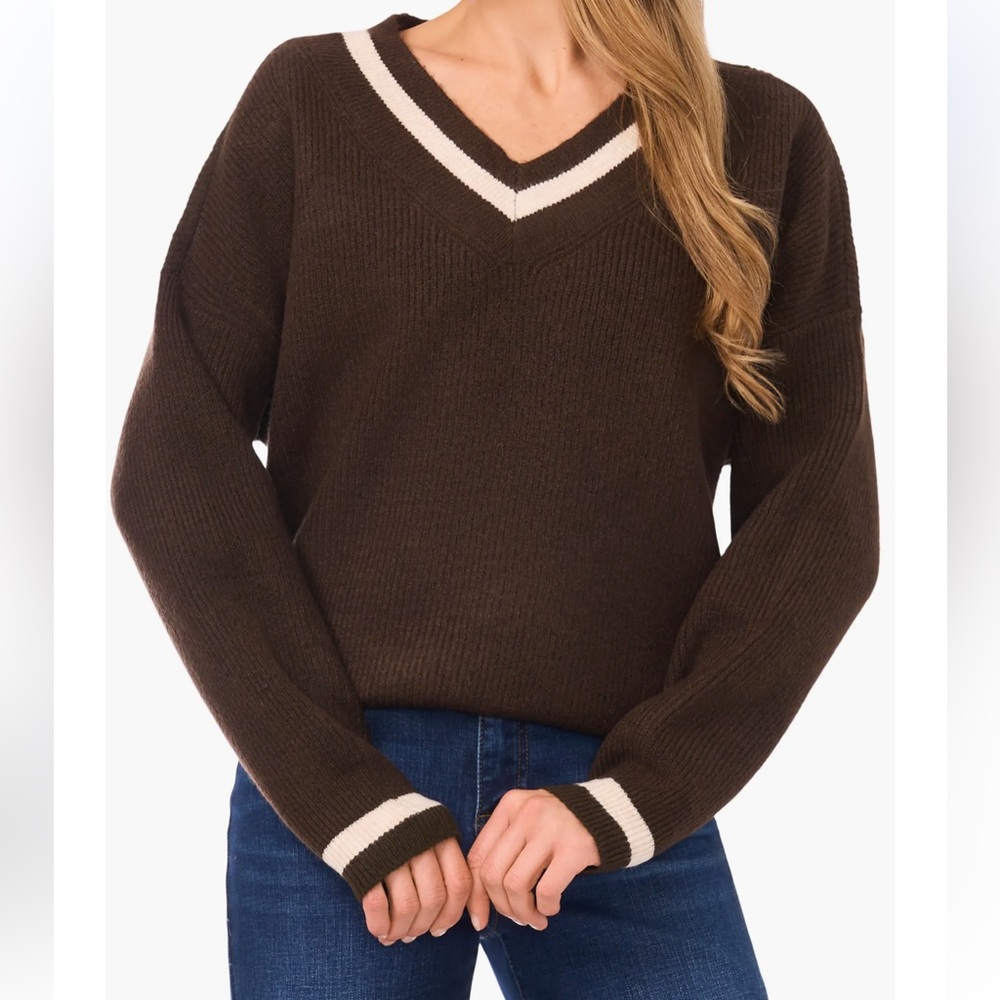 Gorgeous Rich Deep Chocolate Cece Women’s Varsity Sweater Size Large NWT